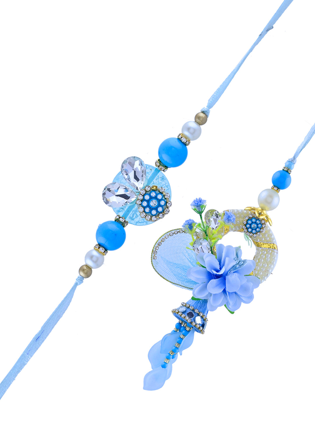Blue Blossom Bhaiya Bhabhi Rakhi Set with Floral Charm and Pearl Latkan With Box