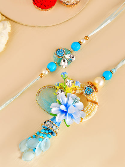Blue Blossom Bhaiya Bhabhi Rakhi Set with Floral Charm and Pearl Latkan With Box