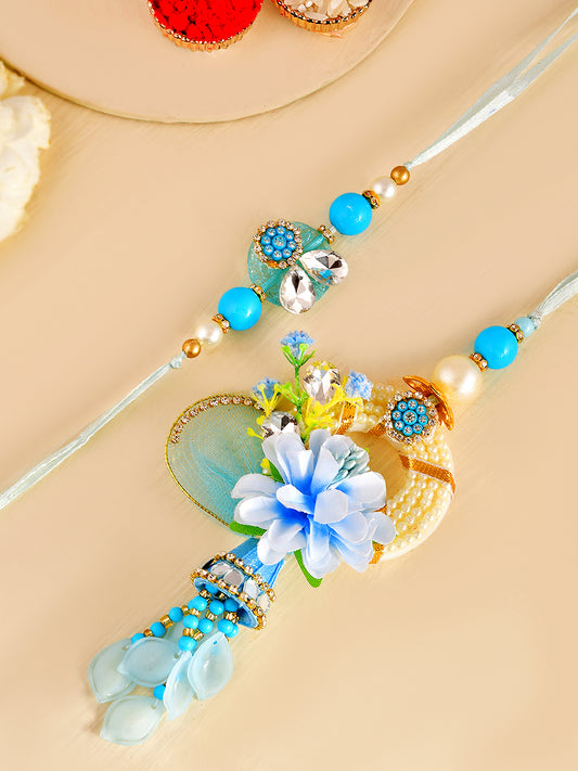 Blue Blossom Bhaiya Bhabhi Rakhi Set with Floral Charm and Pearl Latkan With Box