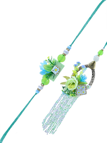 Mint Bloom Bhaiya Bhabhi Rakhi Set with Beaded Tassels and Green Floral Motif