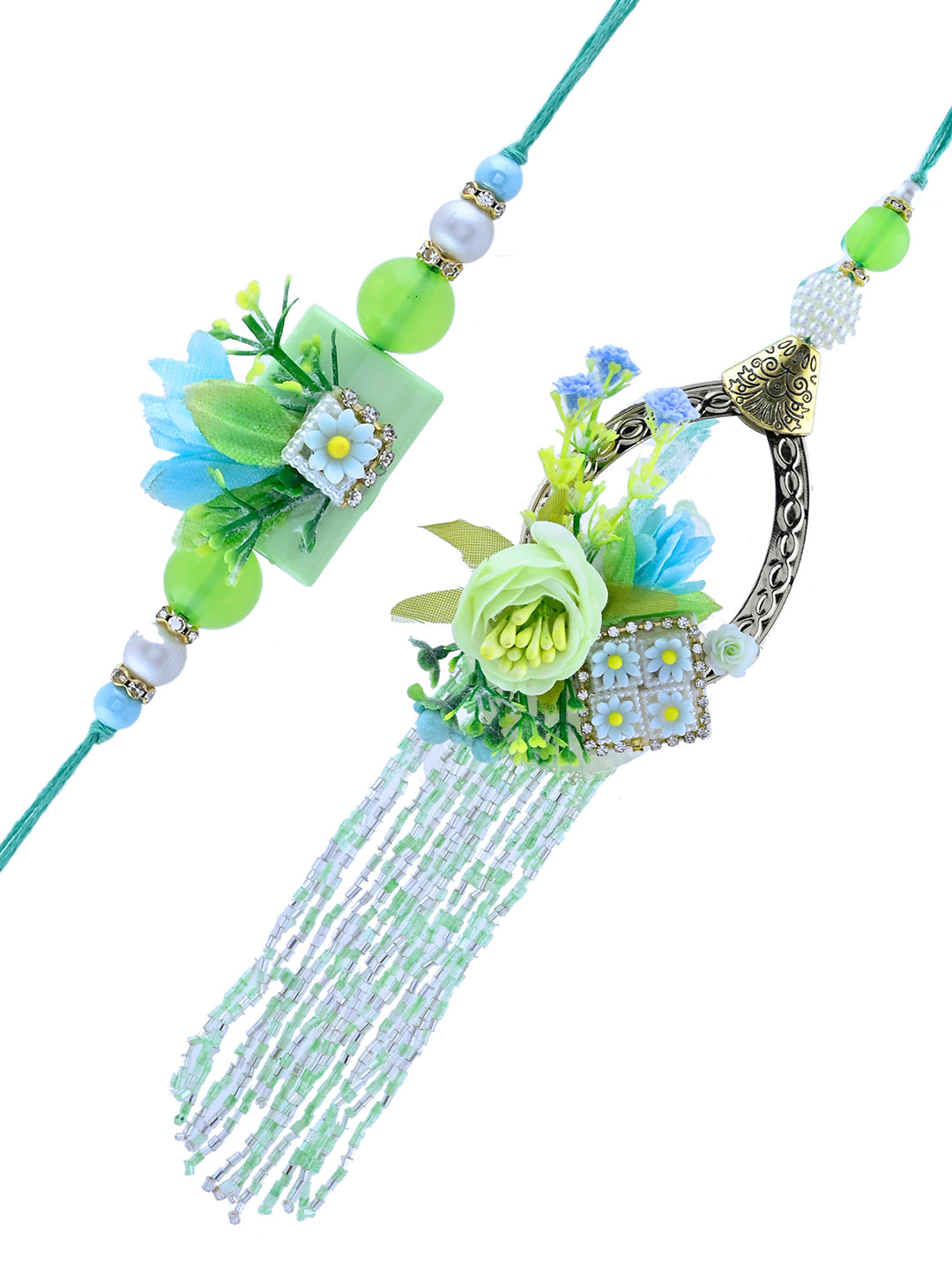 Mint Bloom Bhaiya Bhabhi Rakhi Set with Beaded Tassels and Green Floral Motif