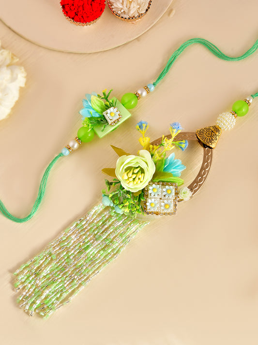 Mint Bloom Bhaiya Bhabhi Rakhi Set with Beaded Tassels and Green Floral Motif With Box
