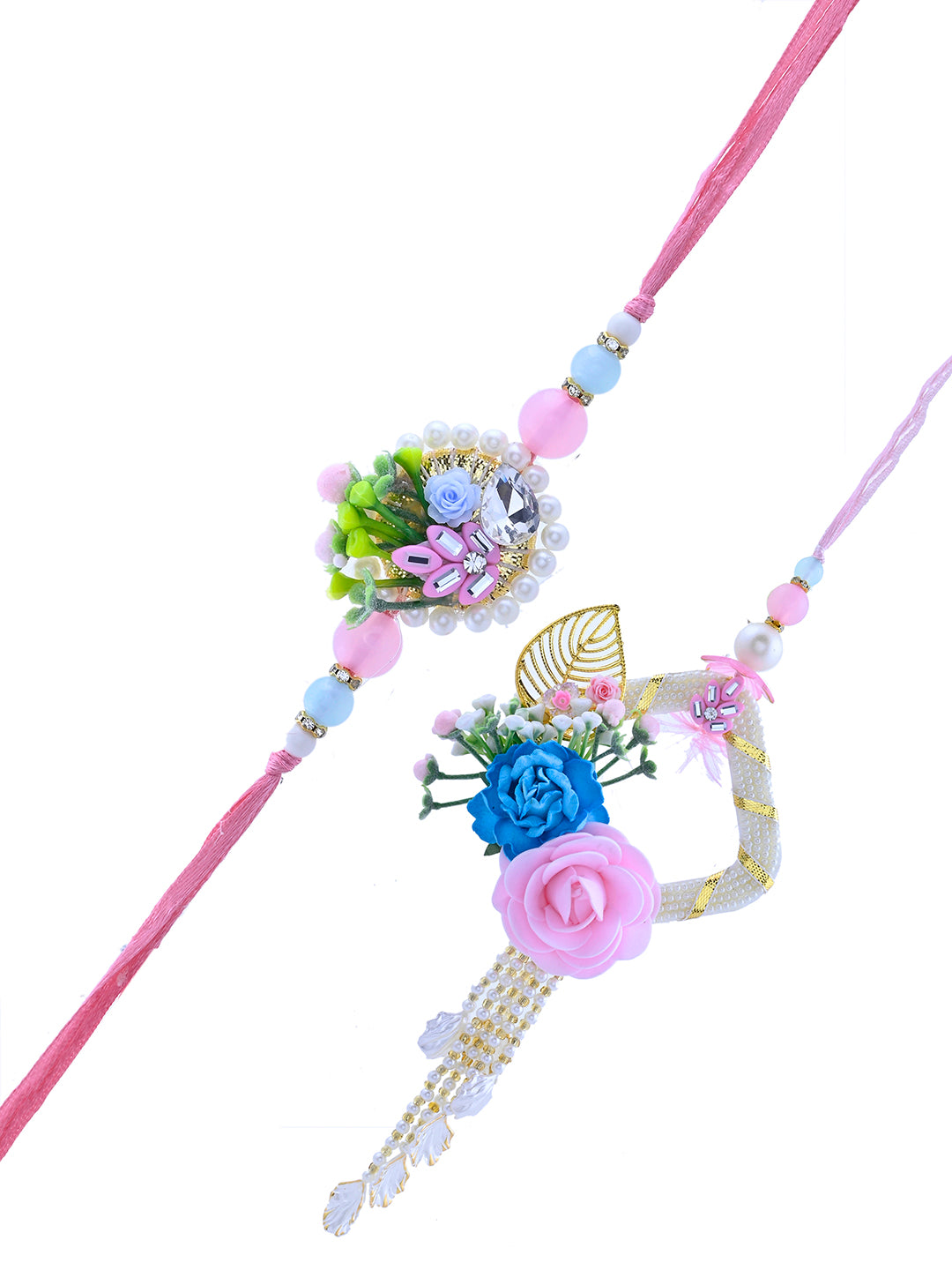 Pink Garden Bhaiya Bhabhi Rakhi Set with Rose Cluster and Pearl Fringe