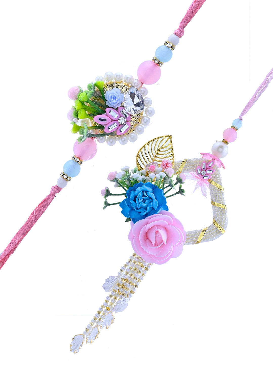 Pink Garden Bhaiya Bhabhi Rakhi Set with Rose Cluster and Pearl Fringe