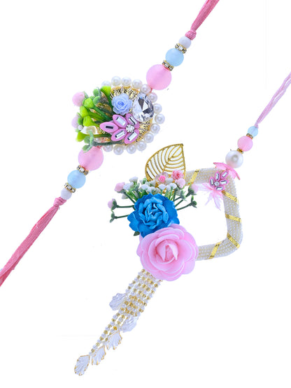 Pink Garden Bhaiya Bhabhi Rakhi Set with Rose Cluster and Pearl Fringe