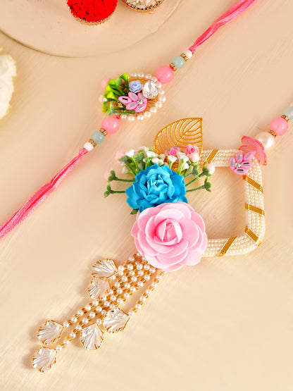 Pink Garden Bhaiya Bhabhi Rakhi Set with Rose Cluster and Pearl Fringe
