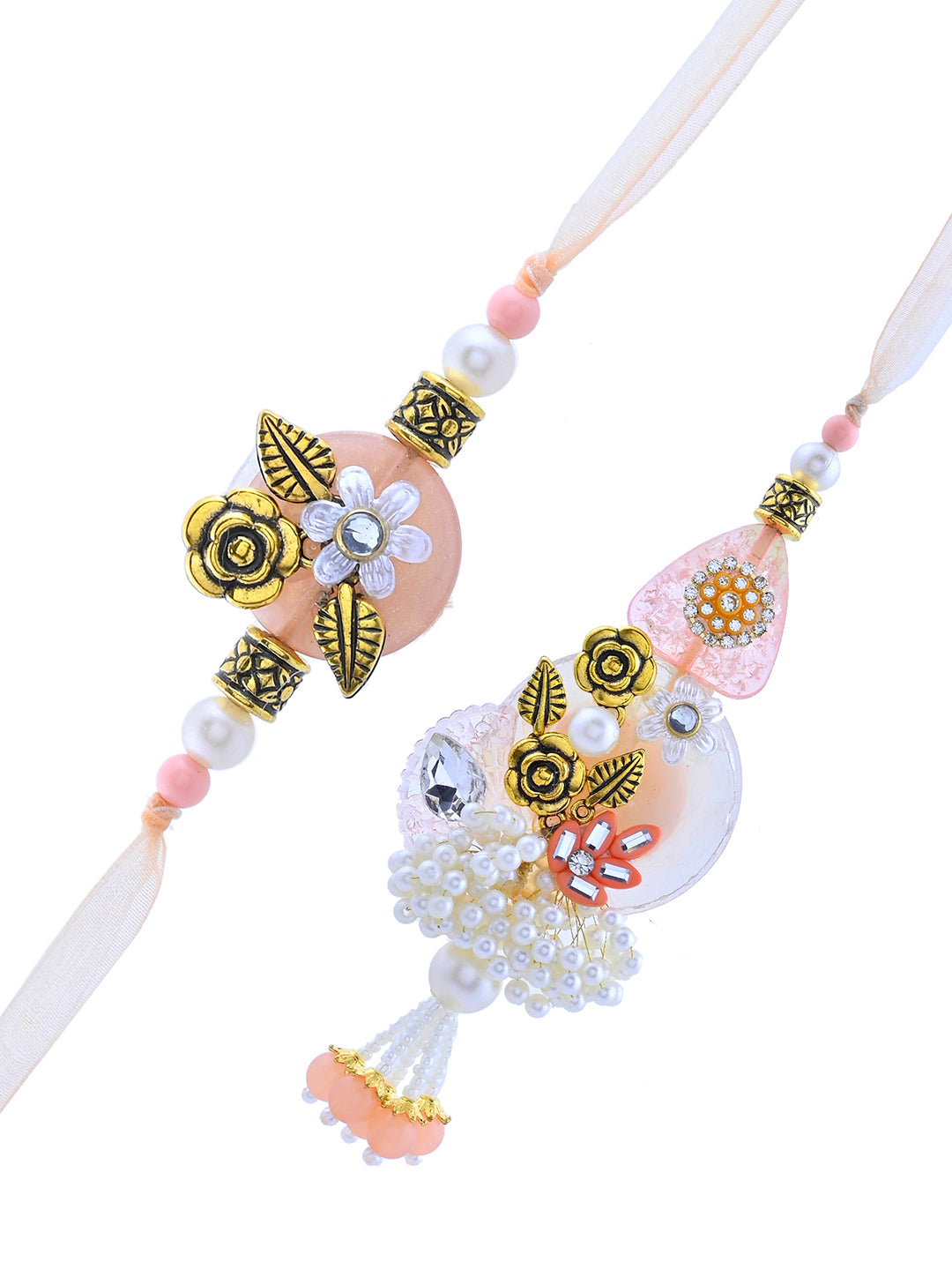 Elegant Peach Bhaiya Bhabhi Rakhi Set with Pearl Tassels and Golden Rose Work
