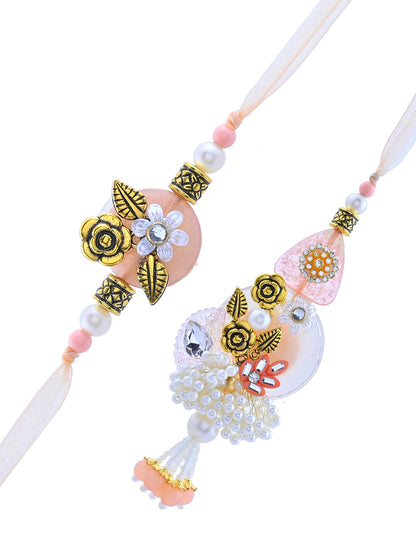 Elegant Peach Bhaiya Bhabhi Rakhi Set with Pearl Tassels and Golden Rose Work