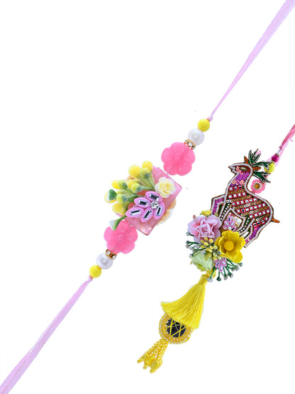 Sunshine Bloom Bhaiya Bhabhi Rakhi Set with Yellow Tassels and Floral Accents