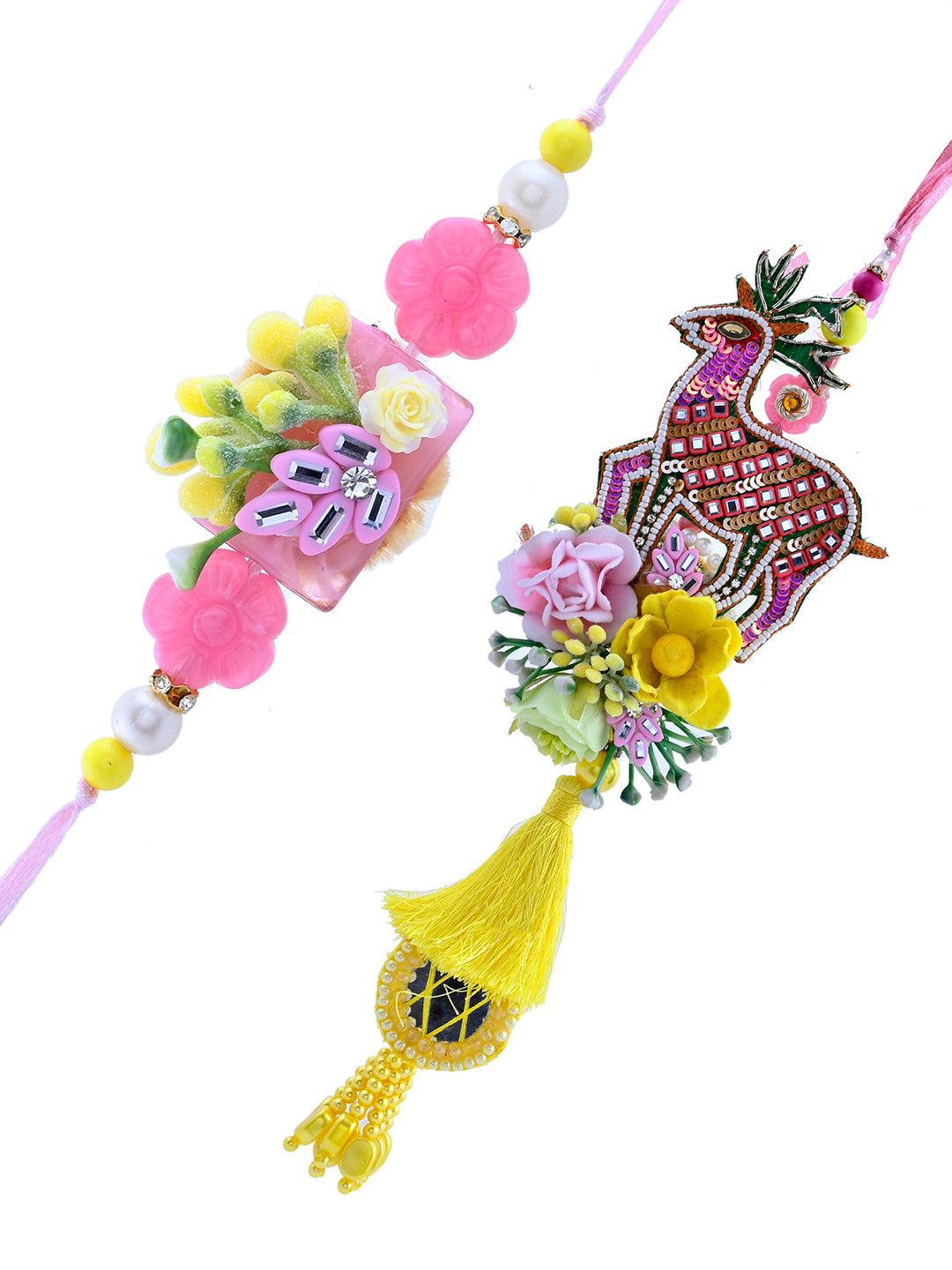 Sunshine Bloom Bhaiya Bhabhi Rakhi Set with Yellow Tassels and Floral Accents