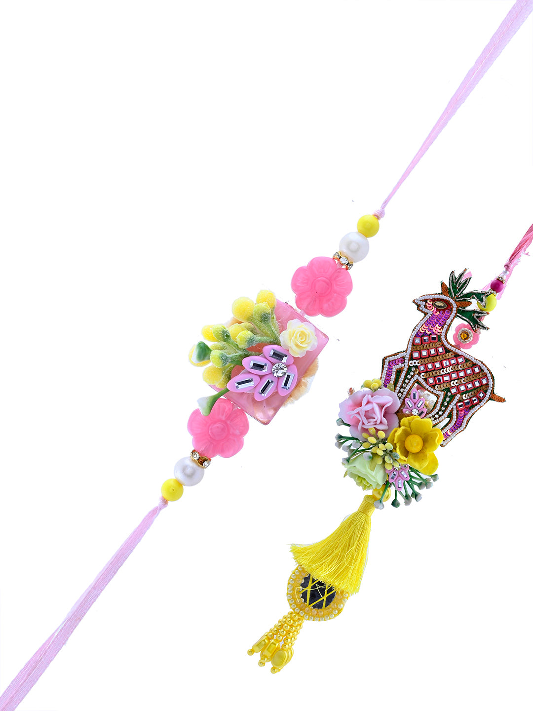 Sunshine Bloom Bhaiya Bhabhi Rakhi Set with Yellow Tassels and Floral Accents With Box