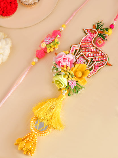 Sunshine Bloom Bhaiya Bhabhi Rakhi Set with Yellow Tassels and Floral Accents With Box