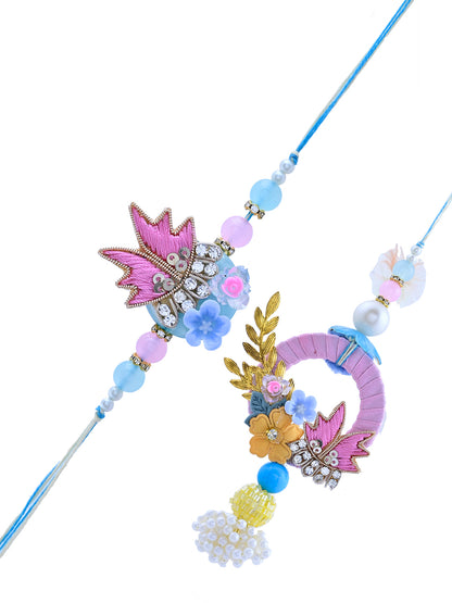 Pastel Blue Bhaiya Bhabhi Rakhi Set with Pearl Drops and Artistic Detailing