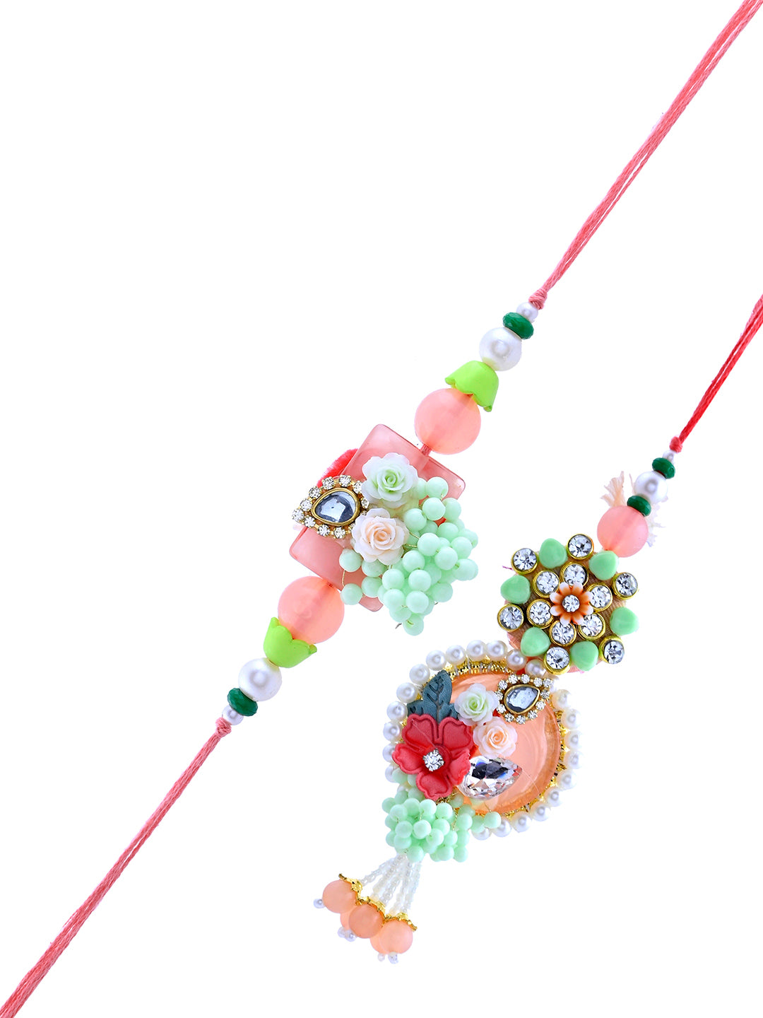 Floral Pearl Bhaiya Bhabhi Rakhi Set with Pastel Accents and Beaded Charm