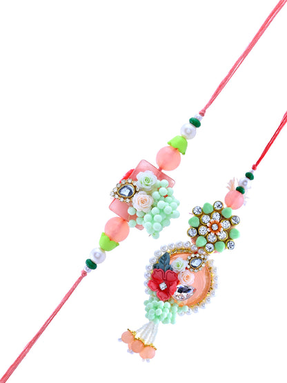 Floral Pearl Bhaiya Bhabhi Rakhi Set with Pastel Accents and Beaded Charm