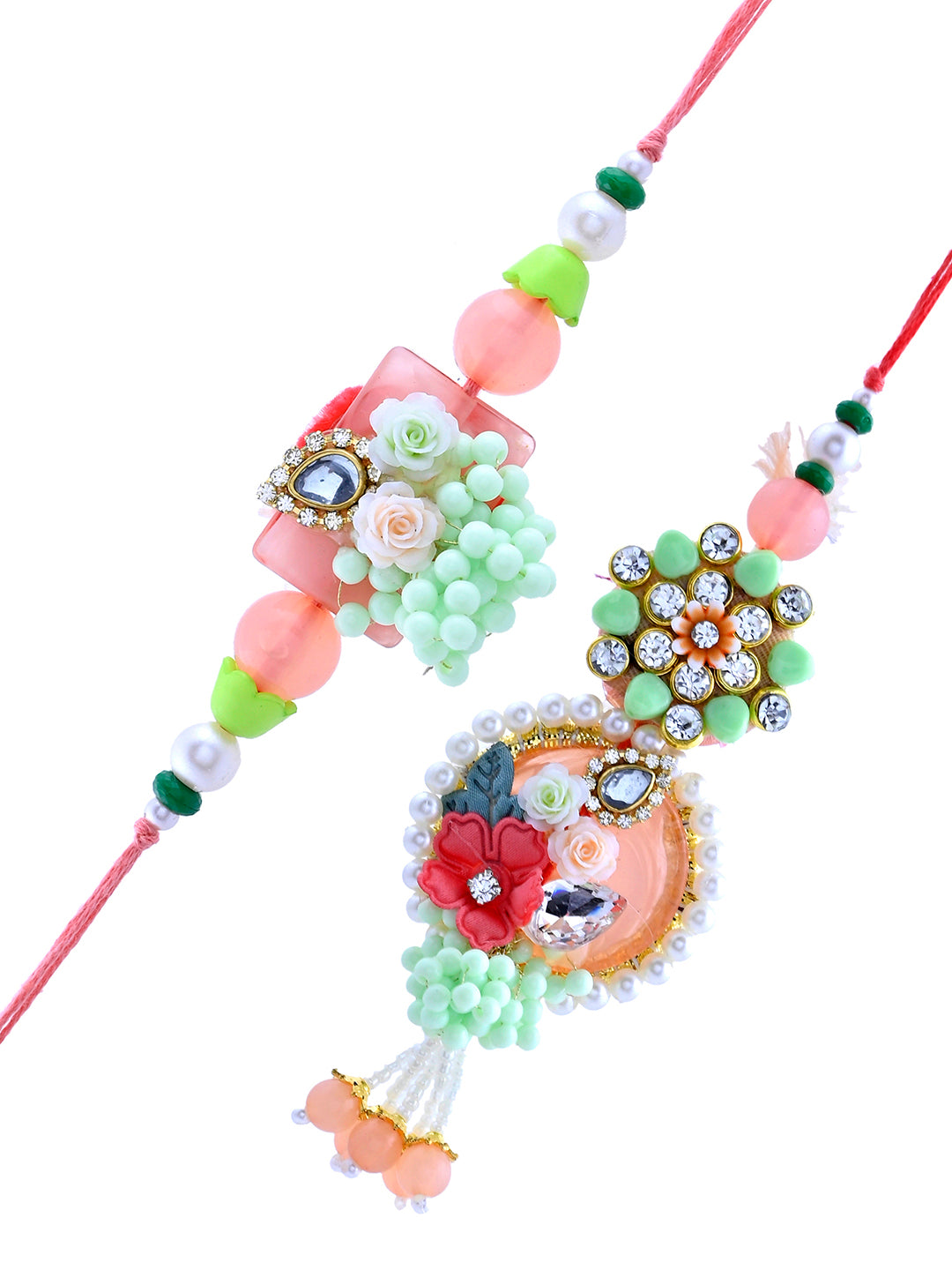 Floral Pearl Bhaiya Bhabhi Rakhi Set with Pastel Accents and Beaded Charm