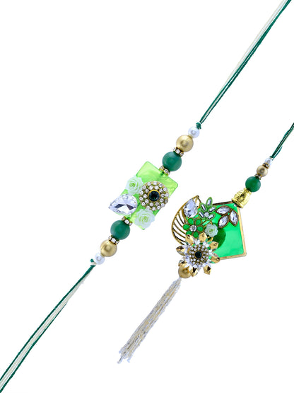 Royal Green Bhaiya Bhabhi Rakhi Set with Kundan and Floral Charm