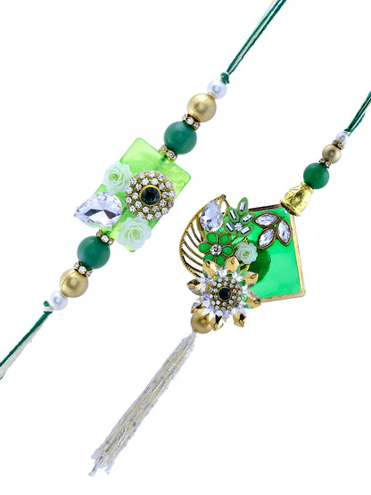 Royal Green Bhaiya Bhabhi Rakhi Set with Kundan and Floral Charm With Box
