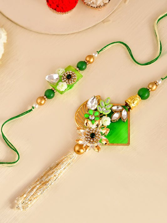 Royal Green Bhaiya Bhabhi Rakhi Set with Kundan and Floral Charm With Box