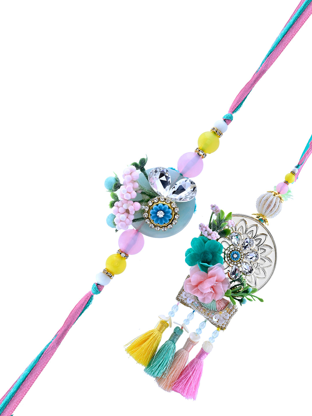 Multicolor Tassel Bhaiya Bhabhi Rakhi Set with Designer Mirror Work