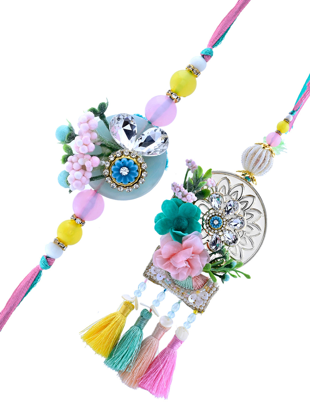 Multicolor Tassel Bhaiya Bhabhi Rakhi Set with Designer Mirror Work