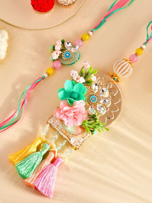 Multicolor Tassel Bhaiya Bhabhi Rakhi Set with Designer Mirror Work With Box
