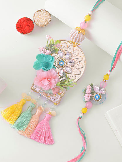 Multicolor Tassel Bhaiya Bhabhi Rakhi Set with Designer Mirror Work