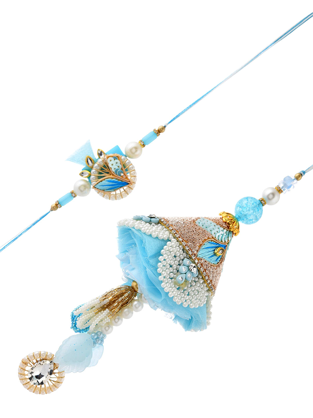 Premium Blue Beaded Designer Bhaiya Bhabhi Lumba Rakhi Set