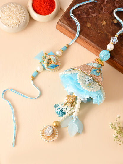 Premium Blue Beaded Designer Bhaiya Bhabhi Lumba Rakhi Set