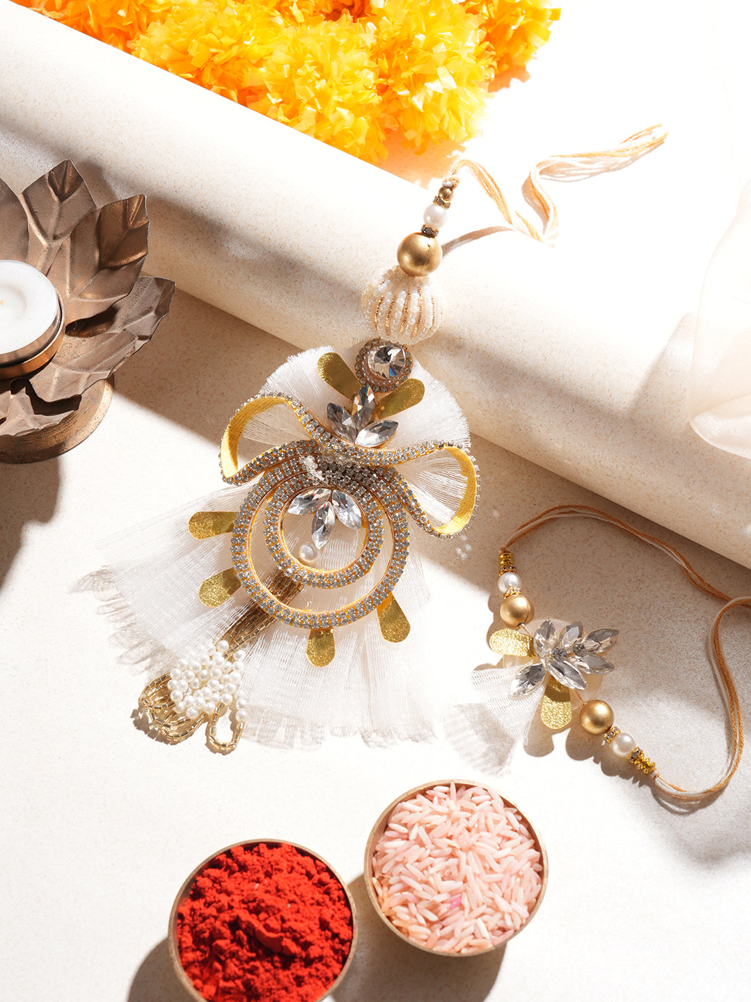 White Gold Pearl Bhaiya Bhabhi Rakhi