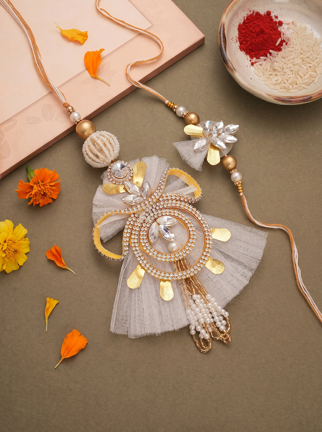 Luxe Gold-Toned Statement Bhaiya Bhabhi Lumba Rakhi Set