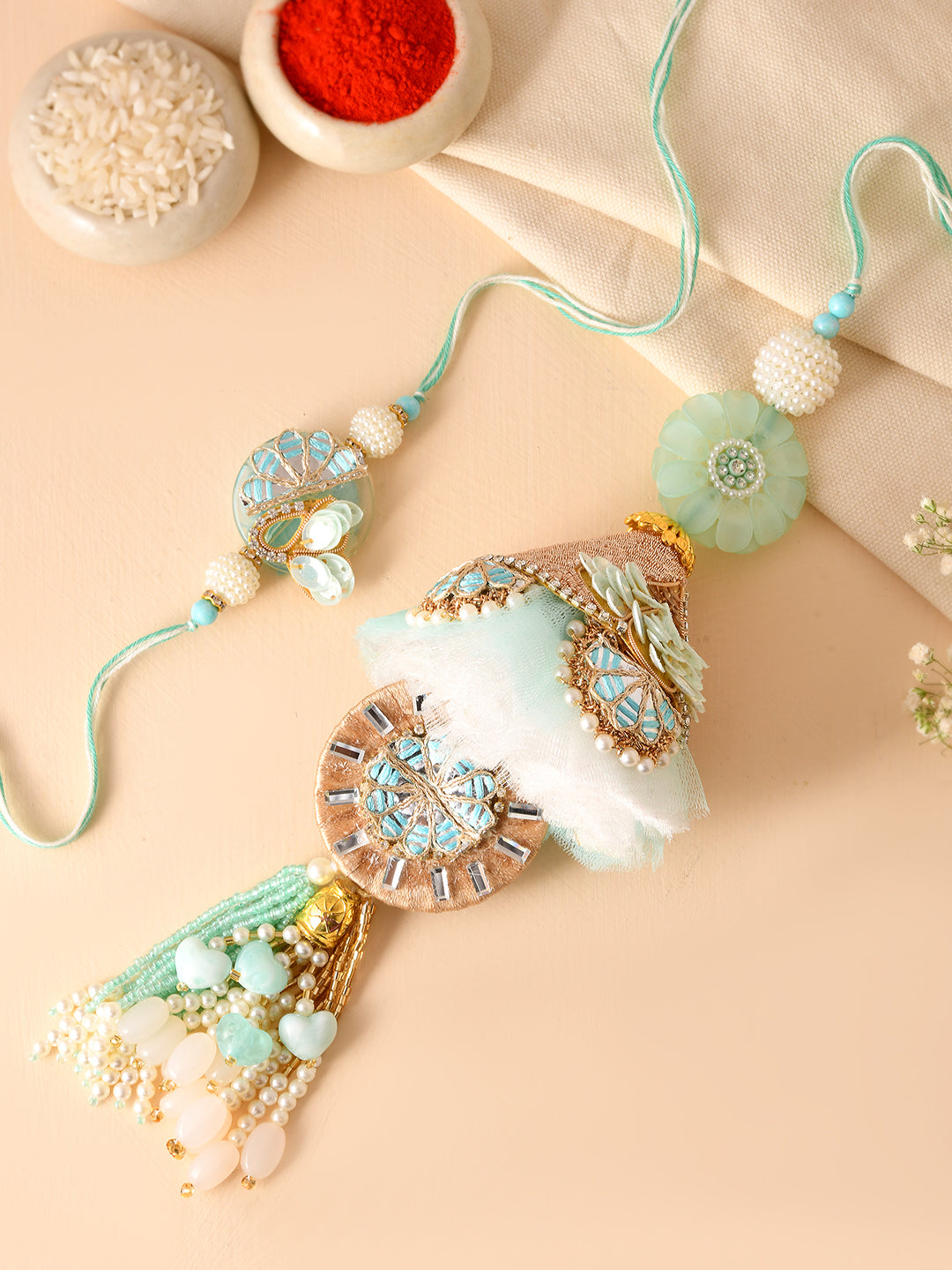 Mint Green Beaded Bhaiya Bhabhi Lumba Rakhi Set
