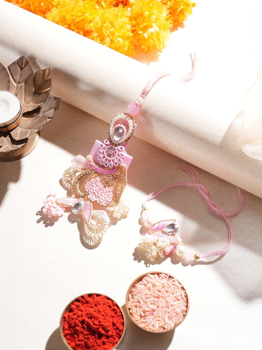 Pink Red Pearl Bhaiya Bhabhi Rakhi
