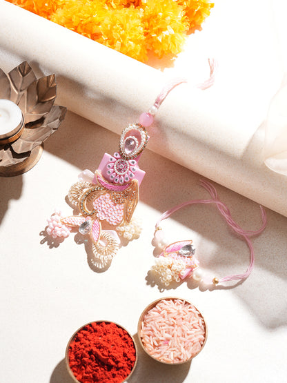 Pink Red Pearl Bhaiya Bhabhi Rakhi