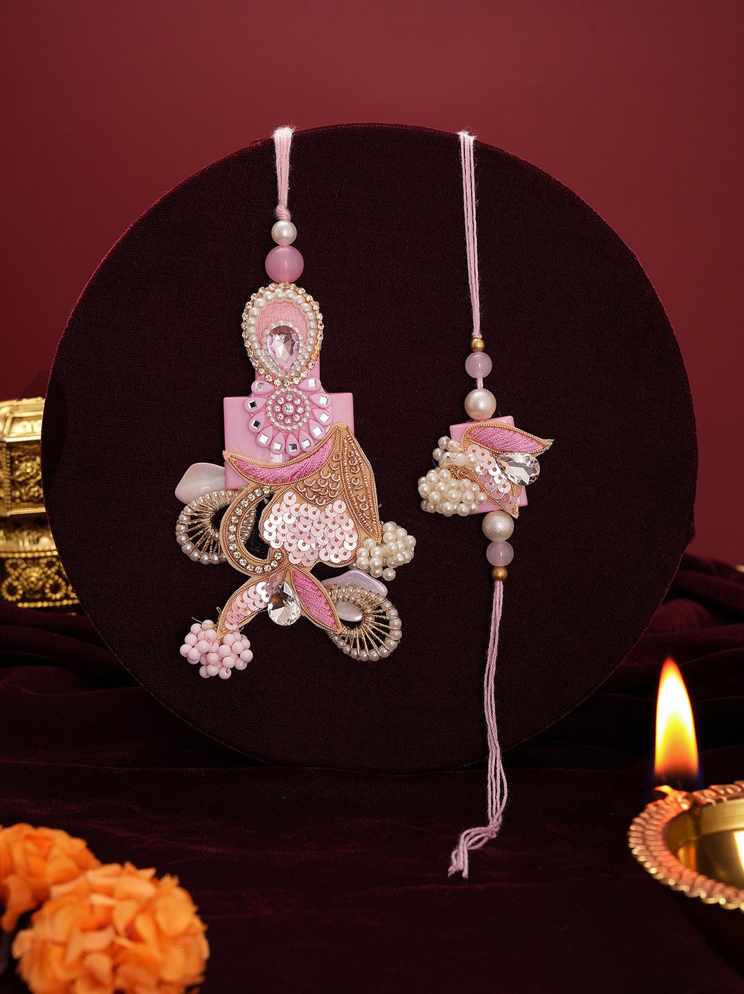 Pink Red Pearl Bhaiya Bhabhi Rakhi