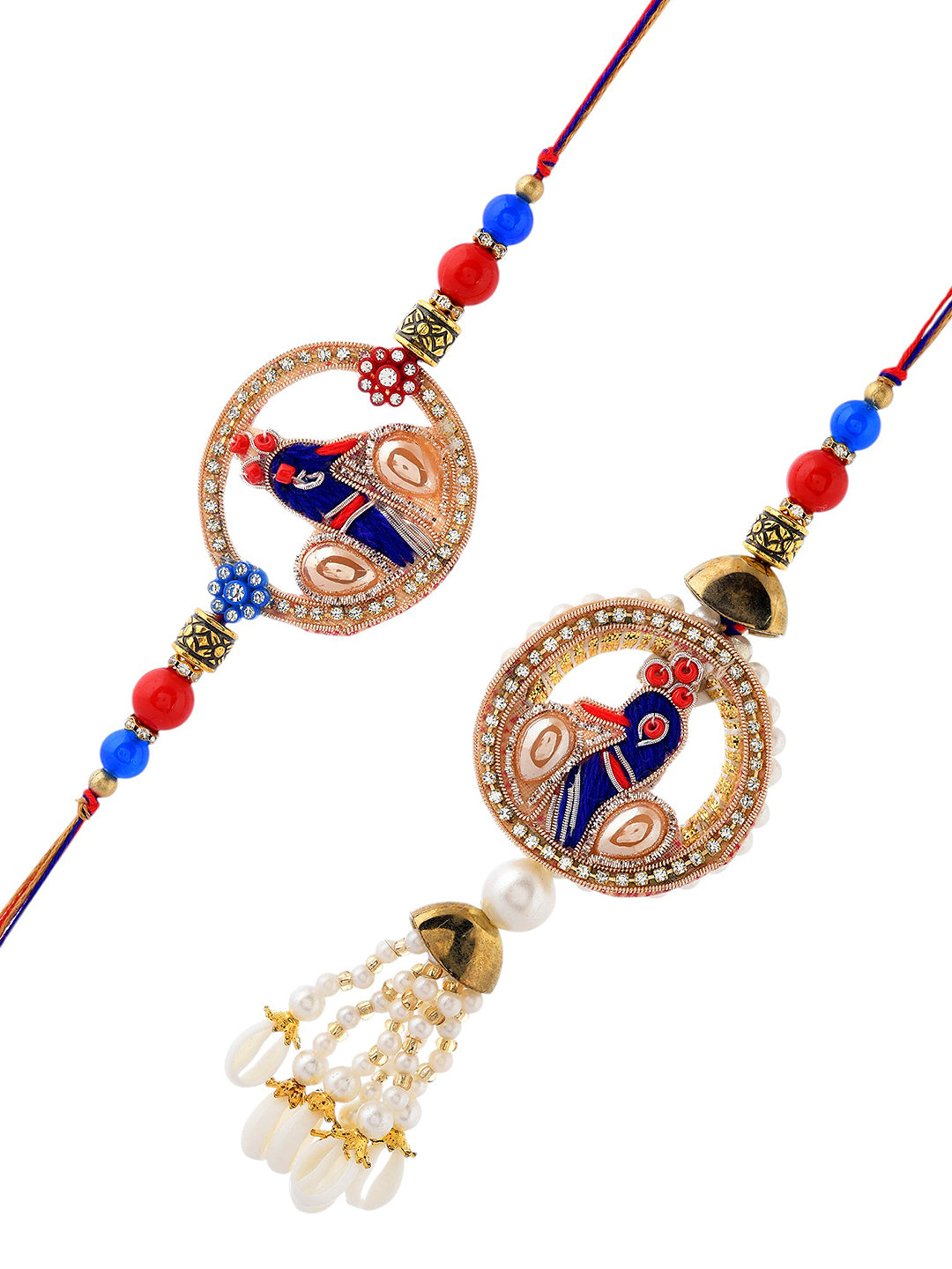 Traditional Peacock Motif Bhaiya Bhabhi Lumba Rakhi Set