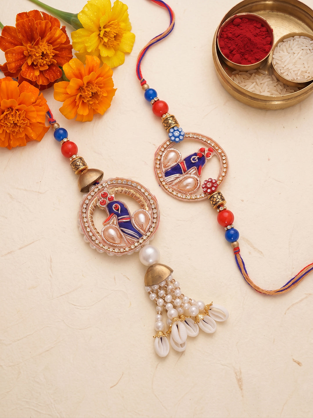 Traditional Peacock Motif Bhaiya Bhabhi Lumba Rakhi Set