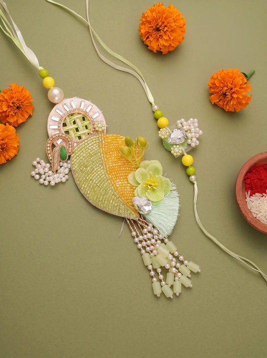 Lime Green Floral Beaded Designer Bhaiya Bhabhi Lumba Rakhi Set