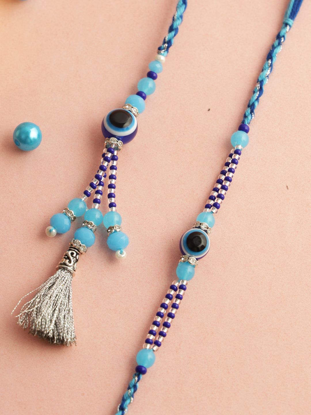 White and Blue Beaded Bhaiya Bhabhi Rakhi