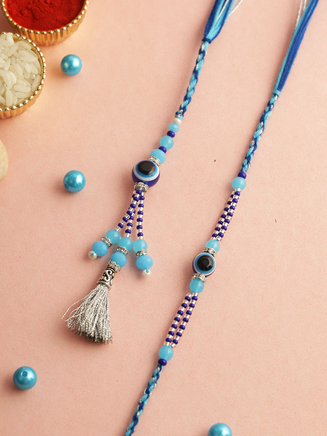 White and Blue Beaded Bhaiya Bhabhi Rakhi