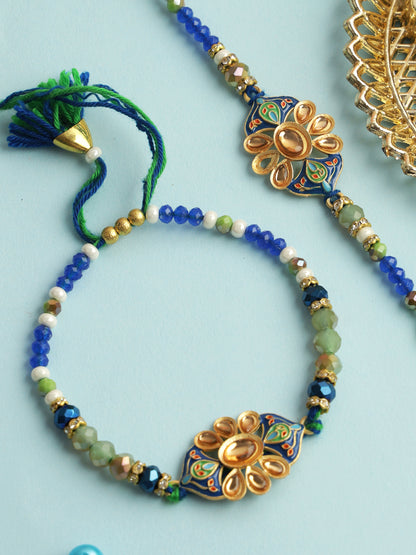 Blue Green Beaded Bhaiya Bhabhi Rakhi Set