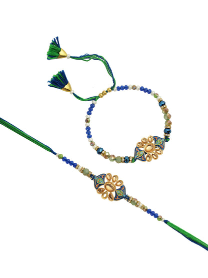 Blue Green Beaded Bhaiya Bhabhi Rakhi Set