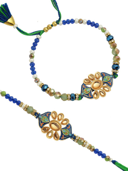 Blue Green Beaded Bhaiya Bhabhi Rakhi Set
