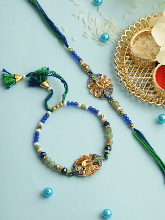 Blue Green Beaded Bhaiya Bhabhi Rakhi Set