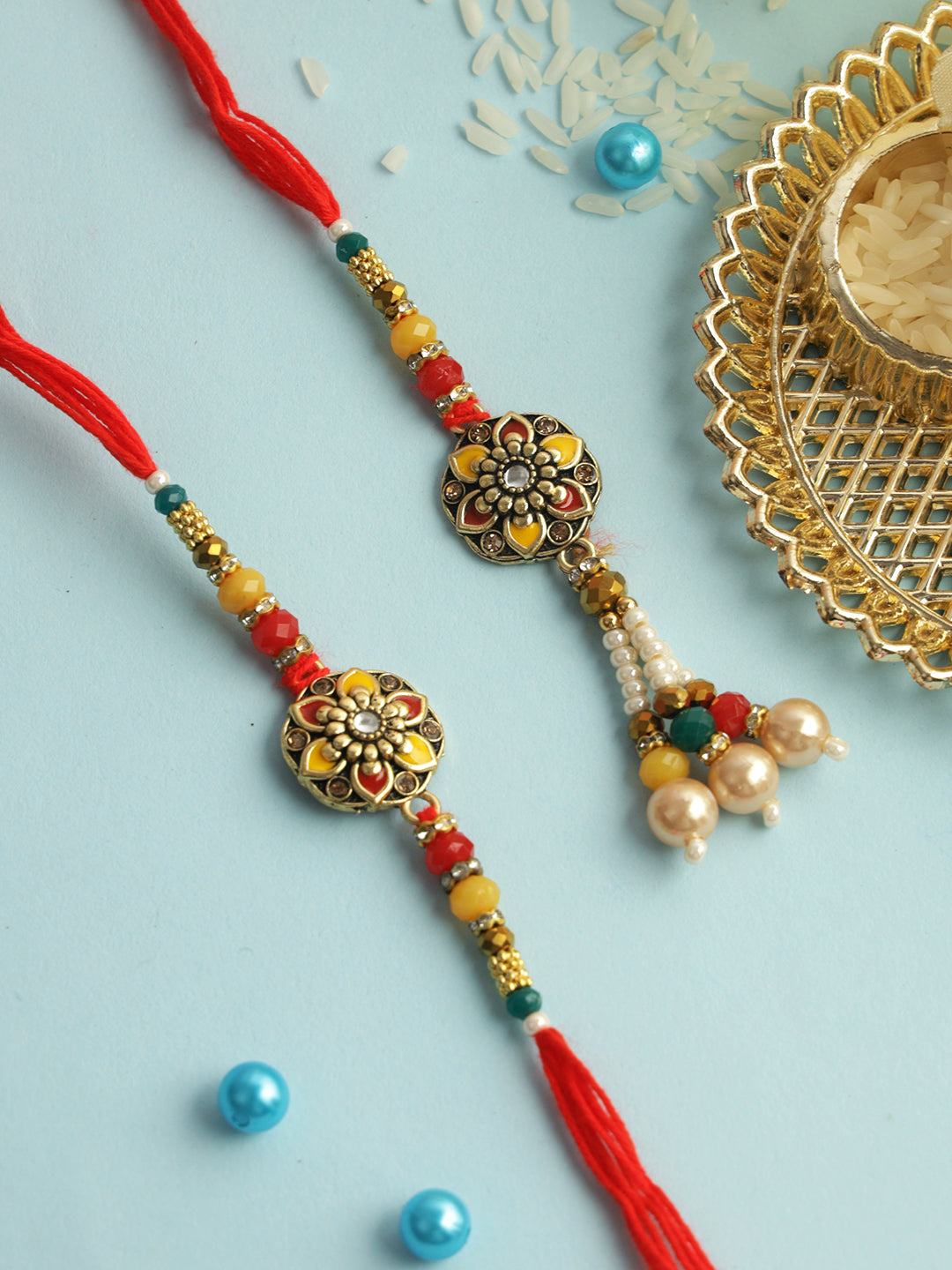 Red & Yellow Floral Bhaiya Bhabhi Rakhi