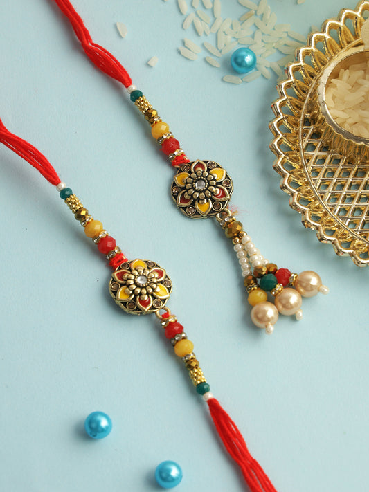 Red & Yellow Floral Bhaiya Bhabhi Rakhi