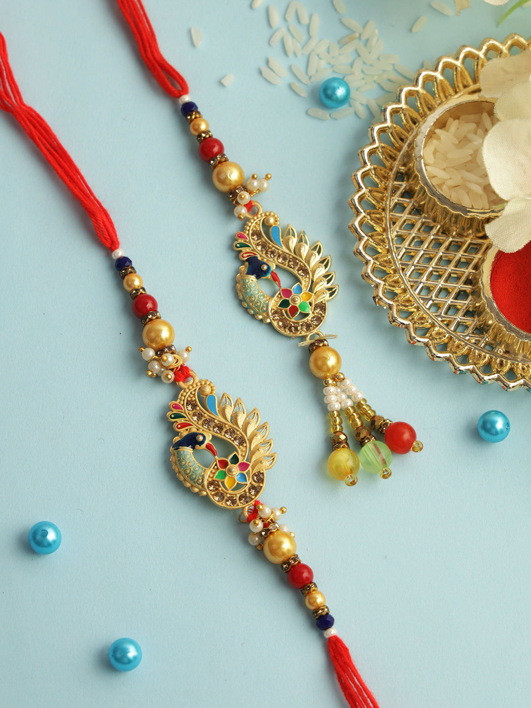 Enameled Peacock Bead Work Bhaiya Bhabhi Rakhi