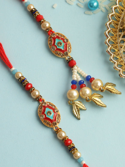 Red & Blue Enameled Bead Work Bhaiya Bhabhi Rakhi