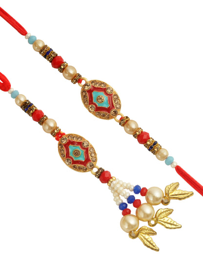 Red & Blue Enameled Bead Work Bhaiya Bhabhi Rakhi