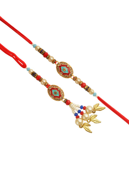 Red & Blue Enameled Bead Work Bhaiya Bhabhi Rakhi